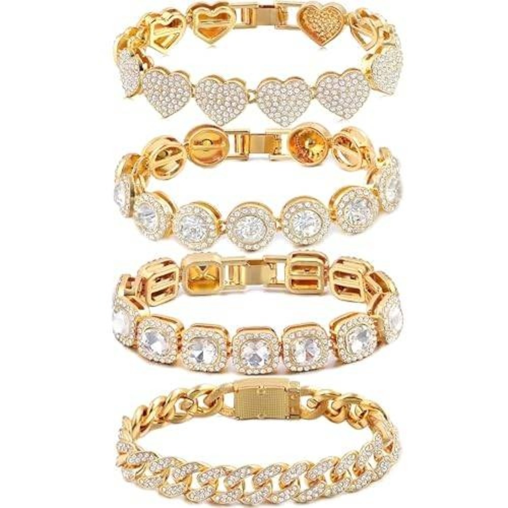 4Pc‎ Gold Iced Out Bracelet Set Heart Round Square Cuban Link Cubic Zirconia